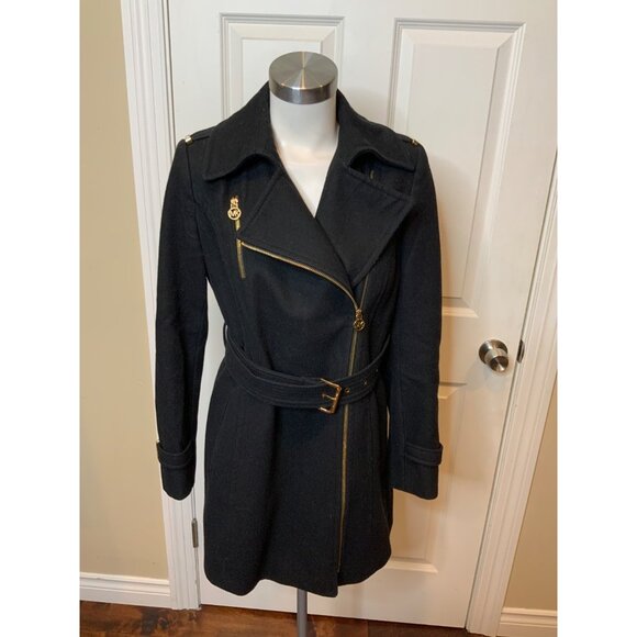 Michael Kors Black Wool Blend Asymmetrical Gold Zip Coat, Size 4 - Picture 1 of 8